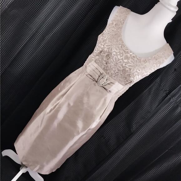 R & M RICHARDS PETITES! CHAMPAGNE BEIGE SATIN, LACE & RHINESTONE DRESS! SZ 10P - Picture 1 of 9